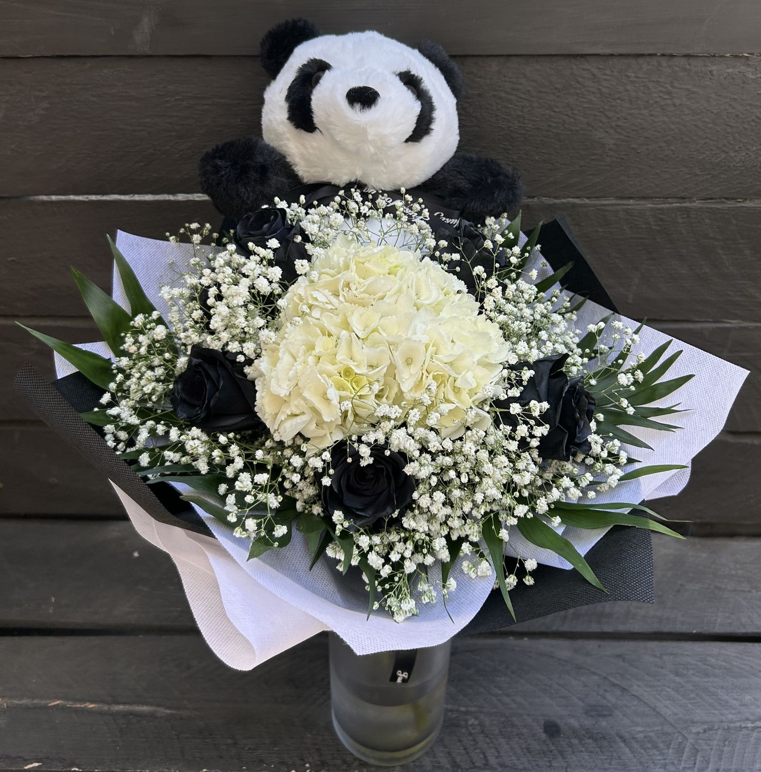 Hydrangea &amp; Black Roses with Panda Plushie