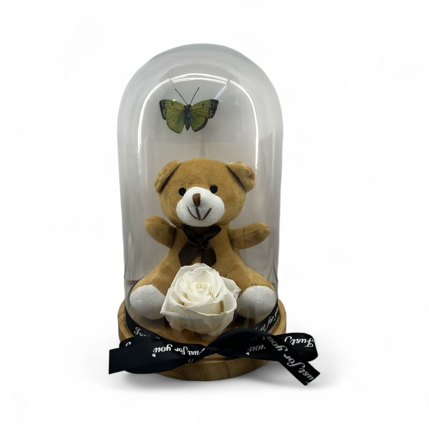 R09 - Teddy Bear White Forever Rose in glass (16x28 CM)
