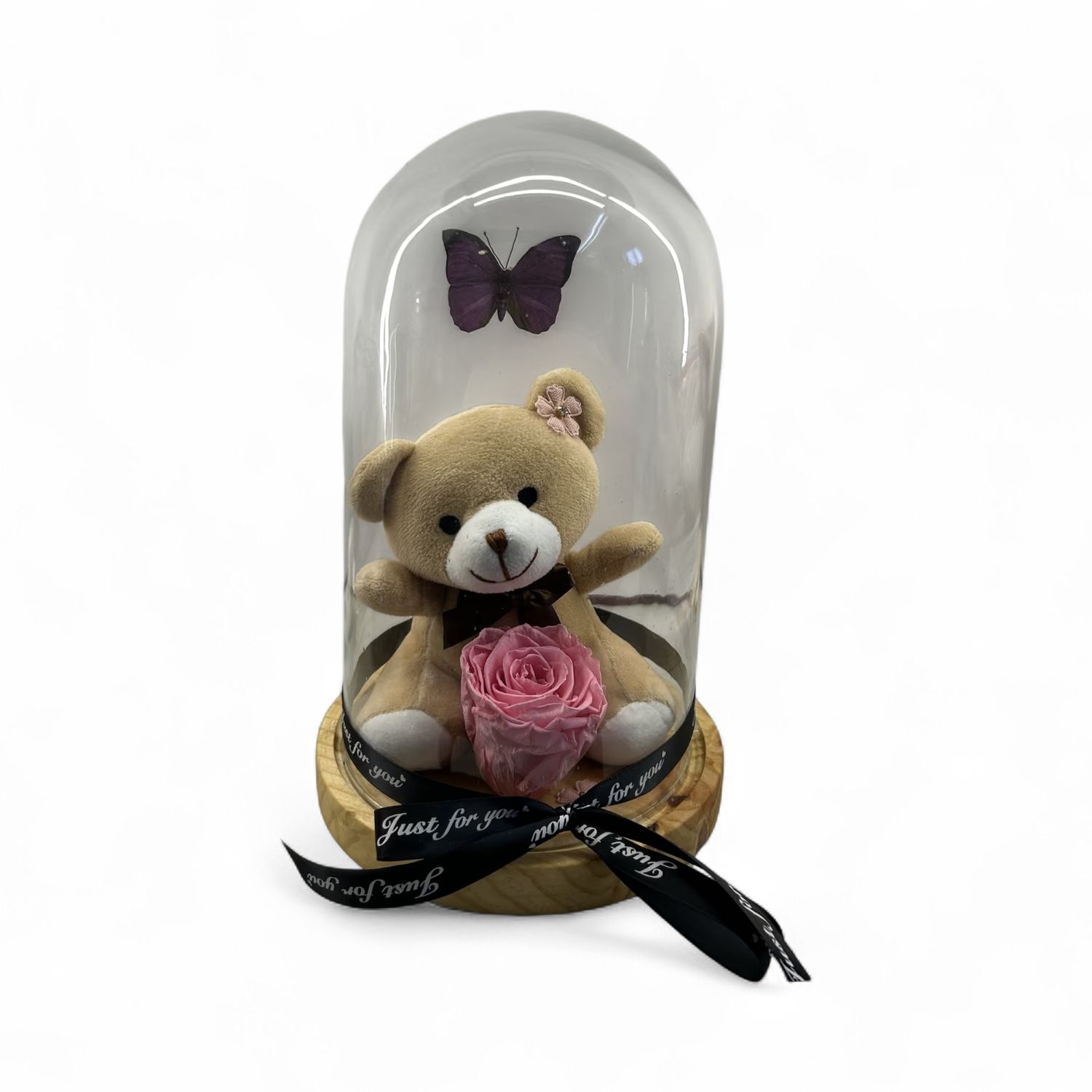 R08 - Teddy Bear Pink Forever Rose in glass (16x28 CM)