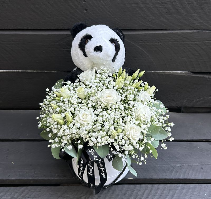 M12 - Mixed Flowers in a box with panda plushie