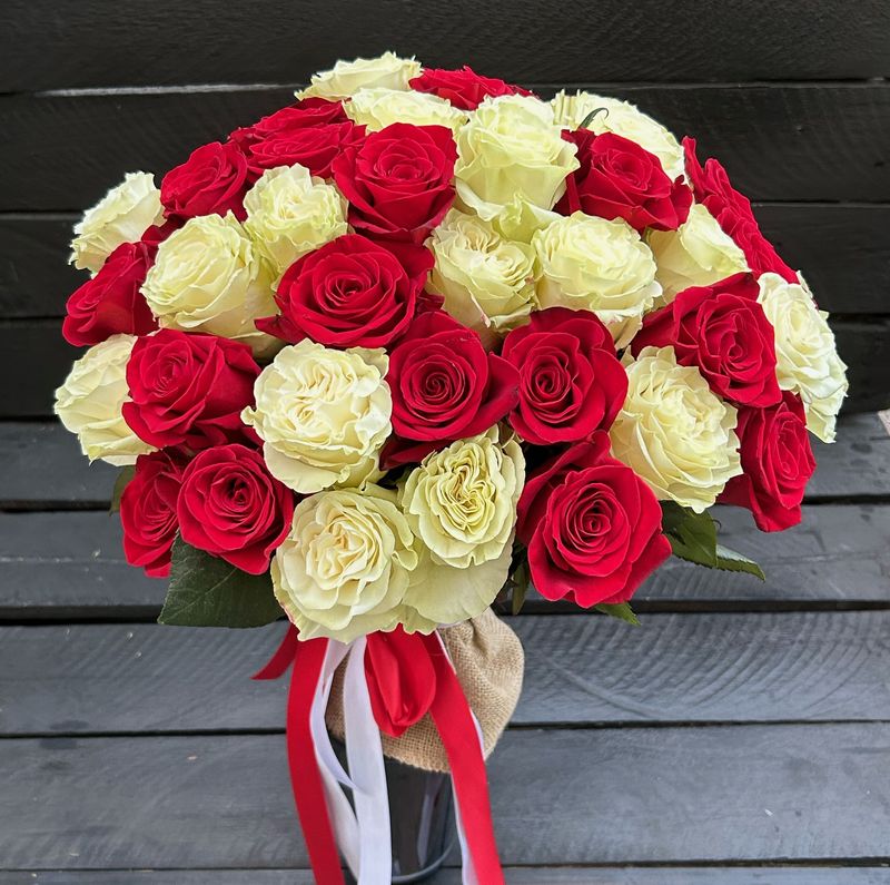 Bouquet with 51 Red &amp; White Roses