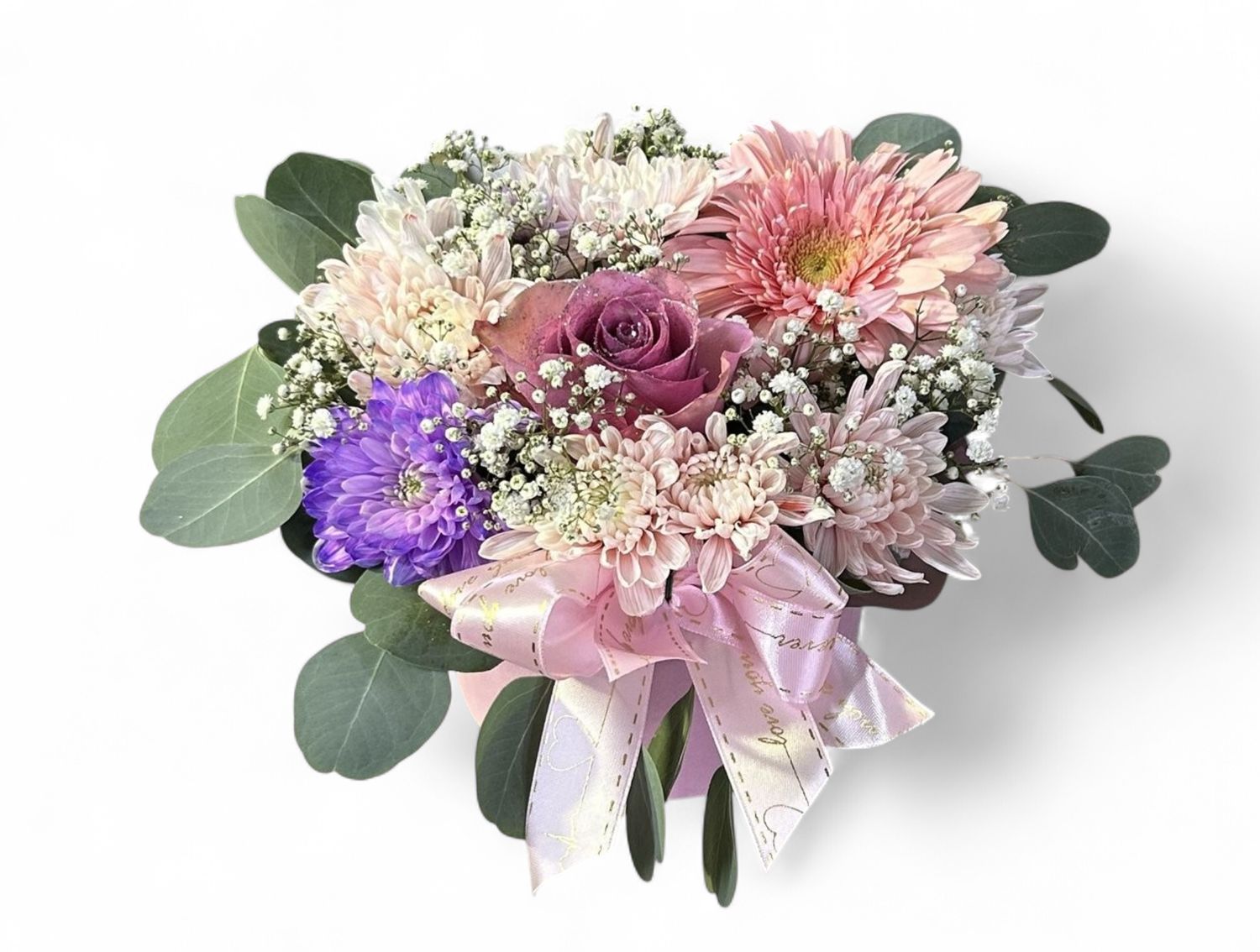 M06 - Mixed Flowers in a round box (Rose is glittered)