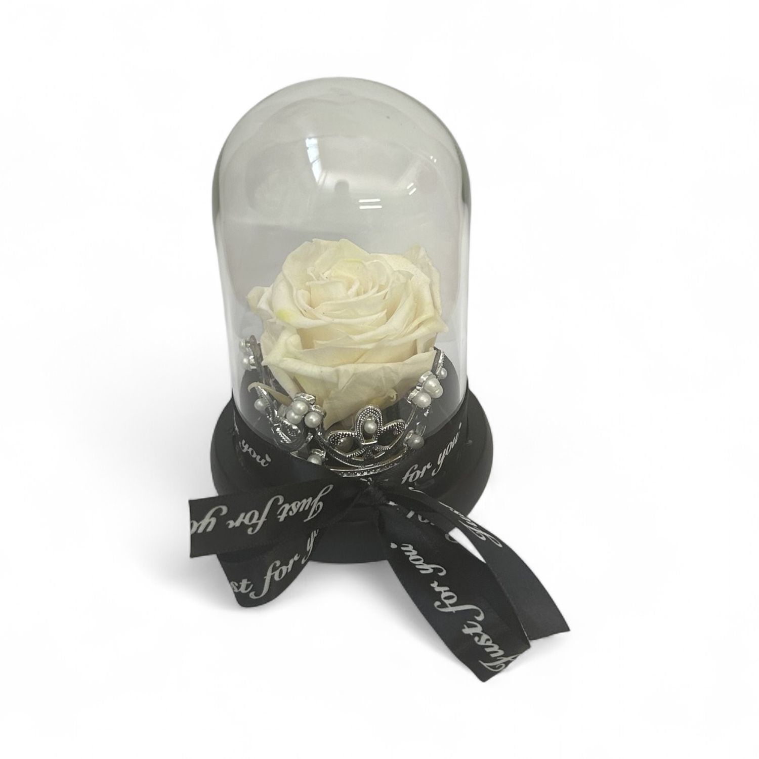 R21 - White Forever Rose in glass with crown (10,5x14 CM)