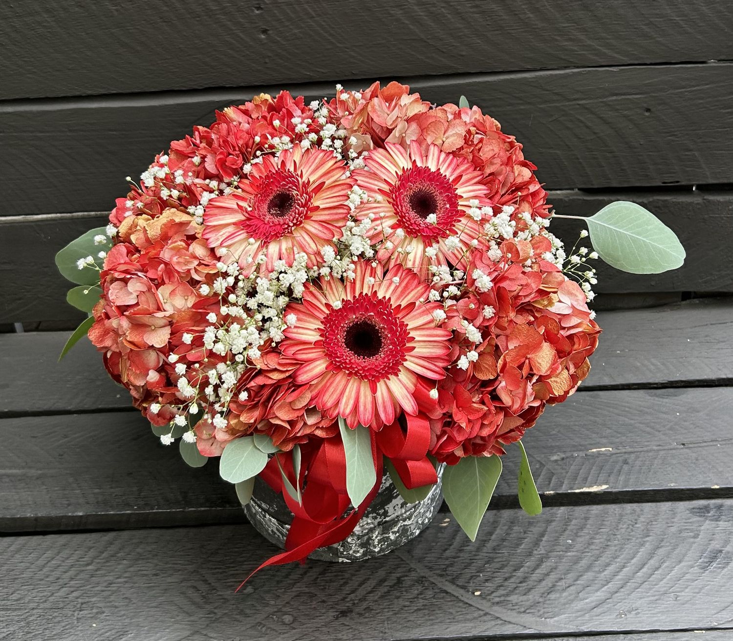 M08 - Red Dyed Hydrangeas and Gerberas in a box