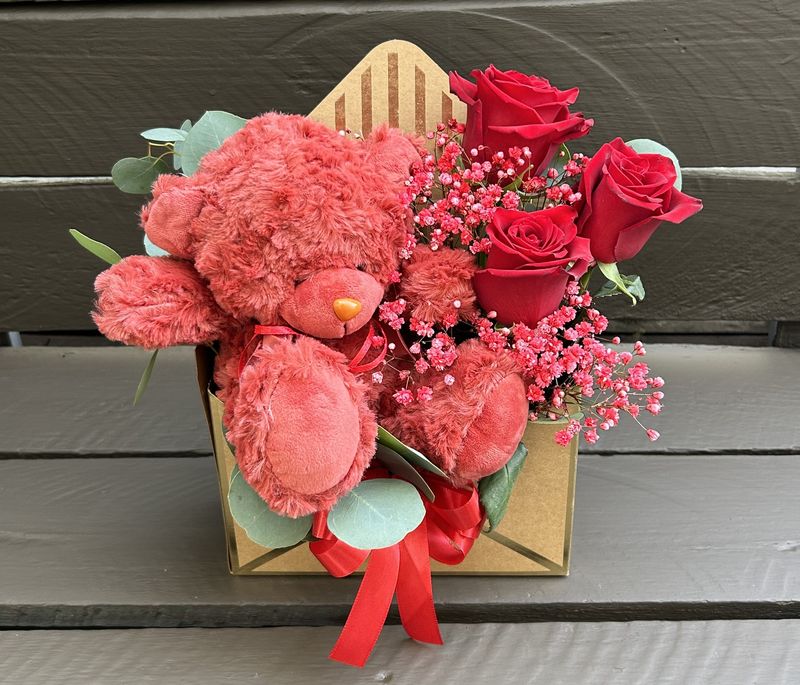 M15 - Mixed Flowers with teddy in a letter box