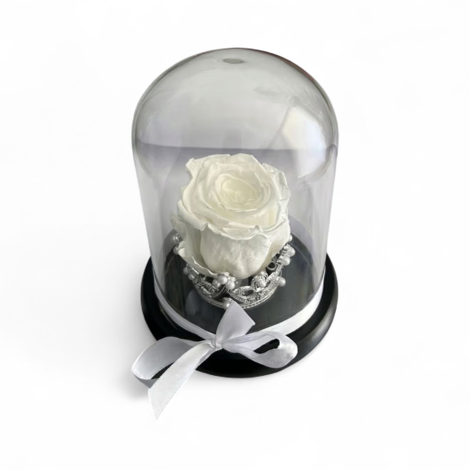 R05 - White Forever Rose in glass with crown (12x15 CM)