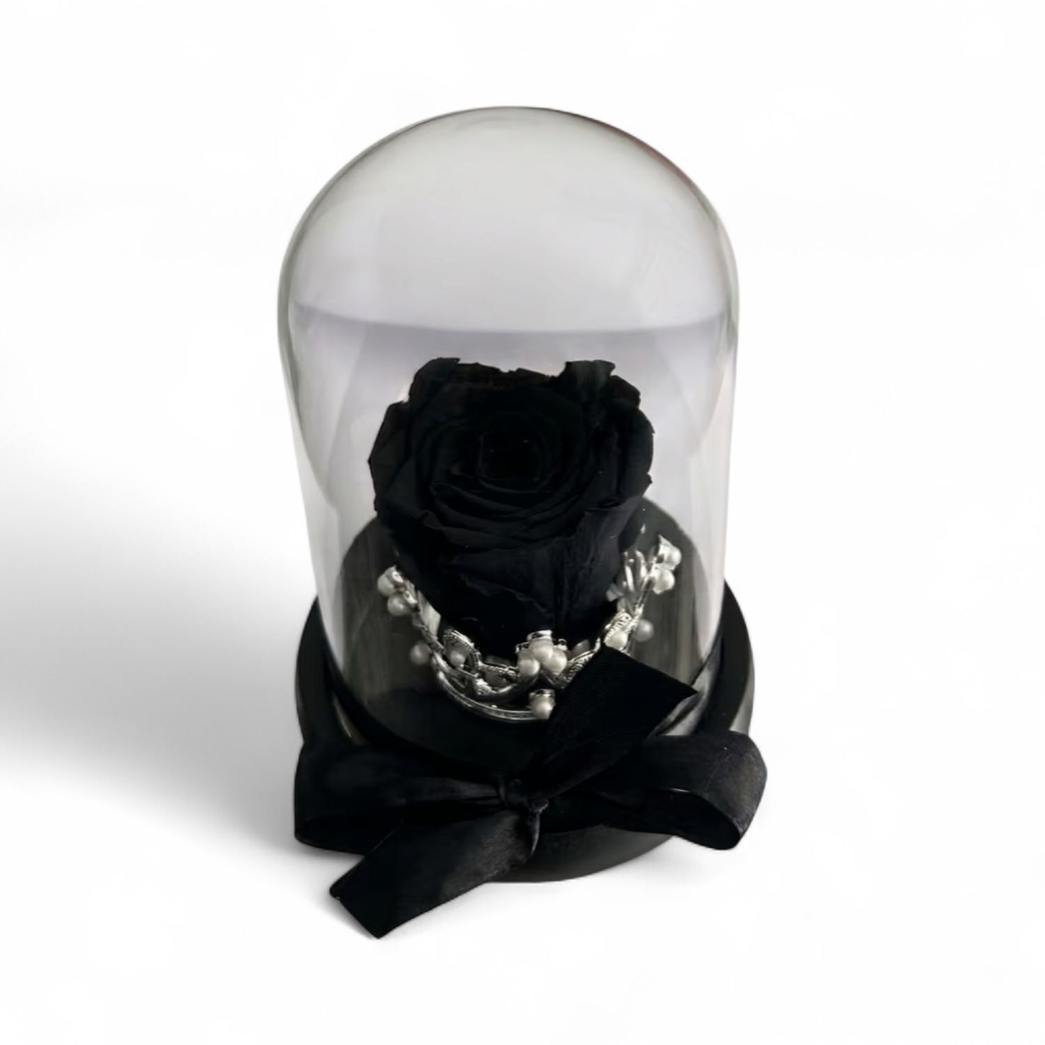 R06 - Black Forever Rose in glass with crown (12x15 CM)