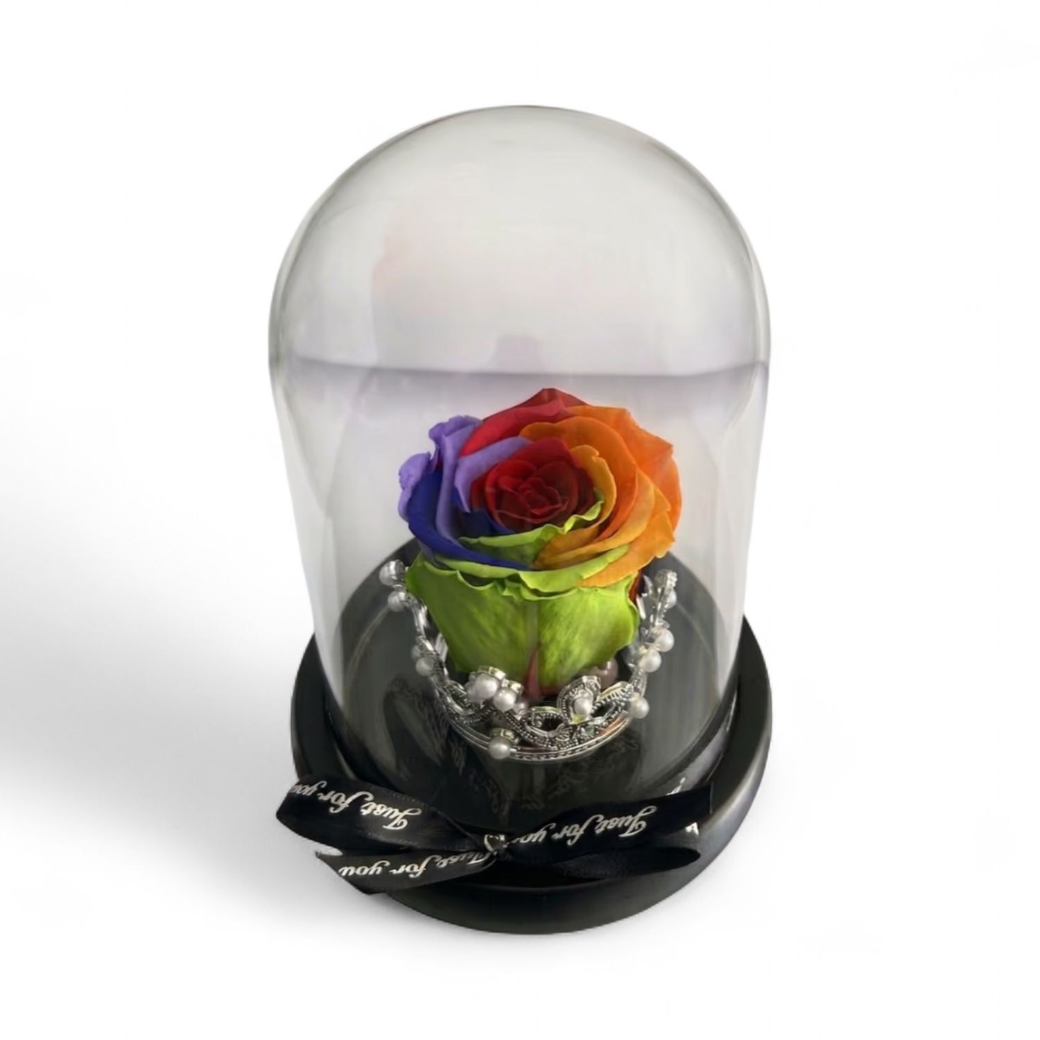 R07 - Rainbow Forever Rose in glass with crown (12x15 CM)