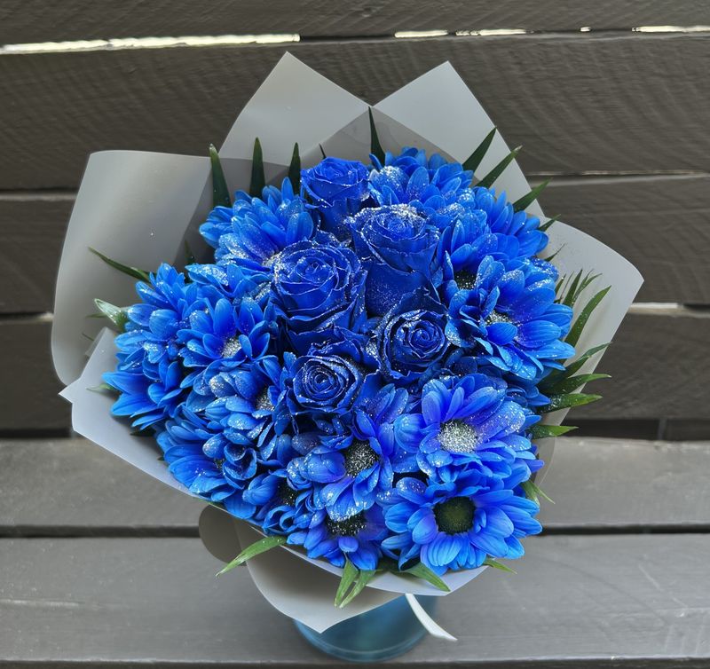 B13 - Mixed Blue Flowers Bouquet with Glitter