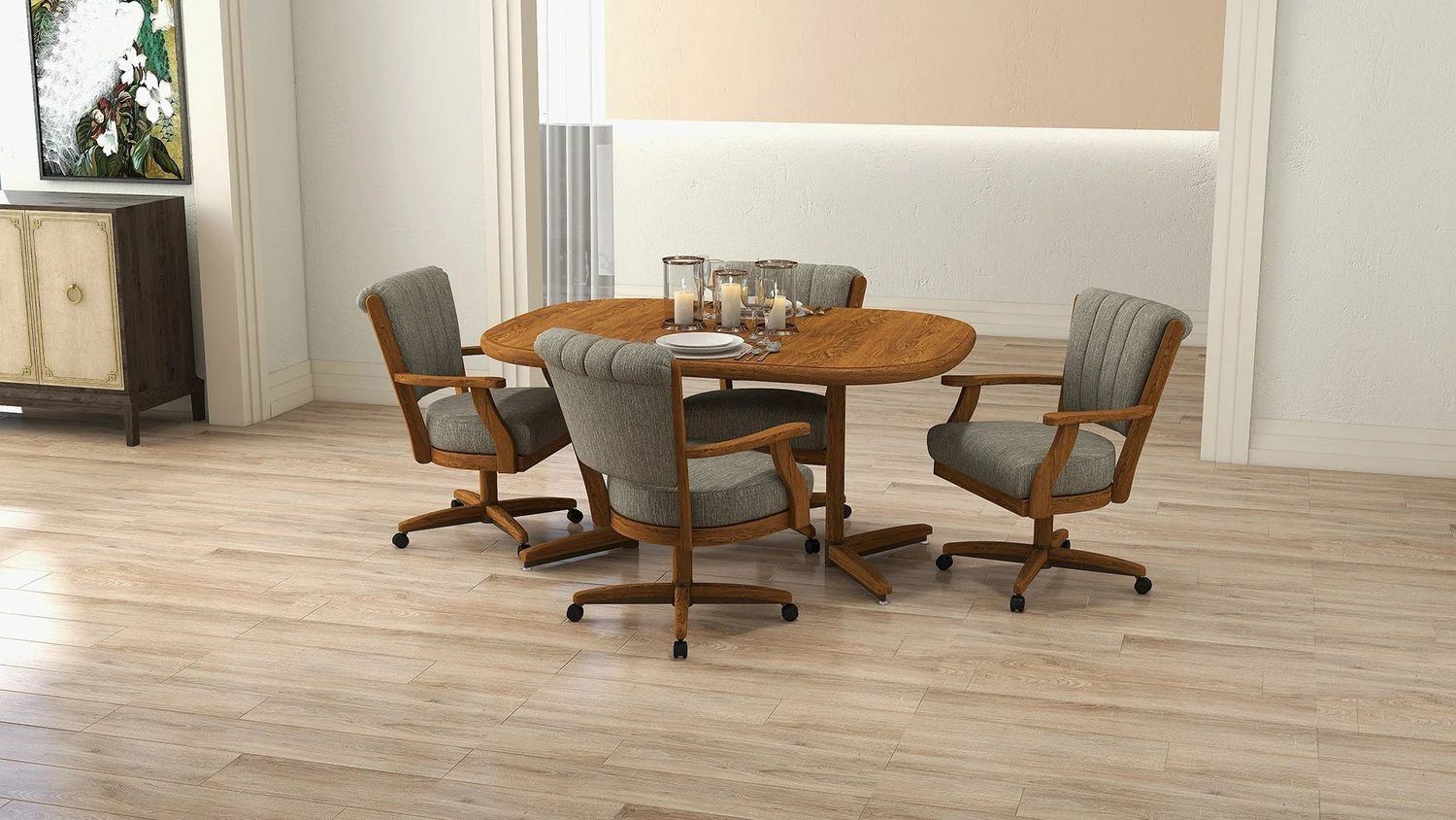 Cameron Noriko Earth Castered Dining Chair CM178CH-C946ACH-P (Set of 4) &amp; Harris Collection Oval Extension Dining Table CD817CH-CD77CH