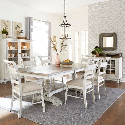 Whitney Antique Linen &amp; Weathered Gray Trestle Table w/ 6 Slat Back Side Chairs