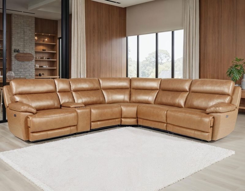 Gatlin Dual Power Reclining Sectional - Tan Leather