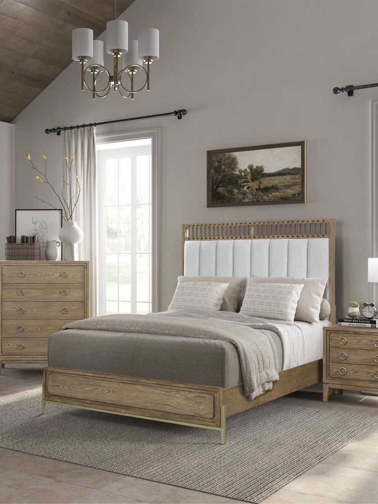 Elure Queen Upholstered &amp; Strap Panel Bed- Latte