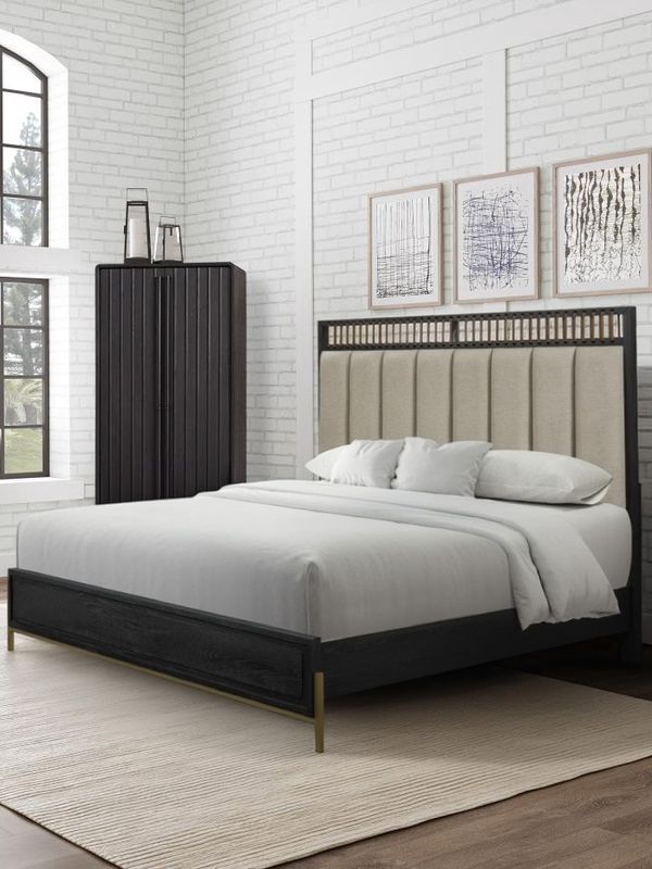 Elure King Upholstered &amp; Strap Panel Bed- Peppercorn