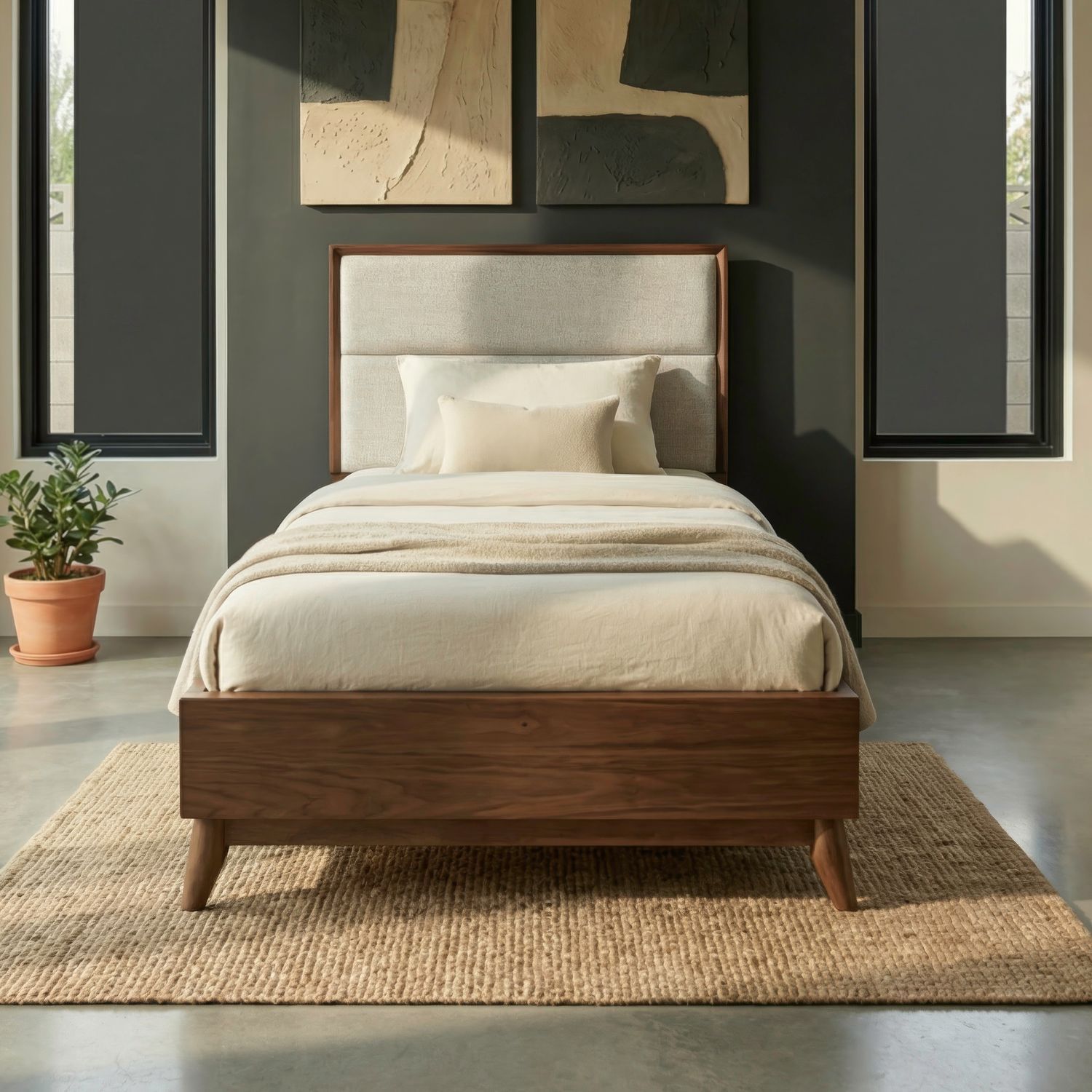 Century Modern Full Uph Platform Bed - Satin Walnut