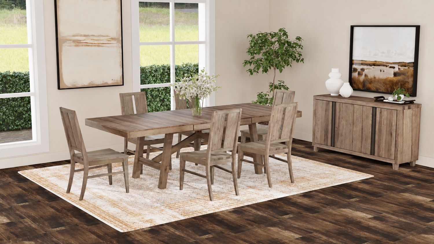 Casual Loft Dining Table w/ 6 Wood Seat Panel Back Chairs