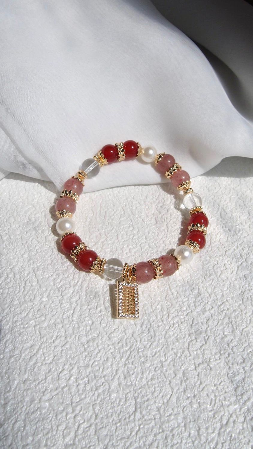Abacus charm (Strawberry Quartz &amp; Red Agate) in Gold