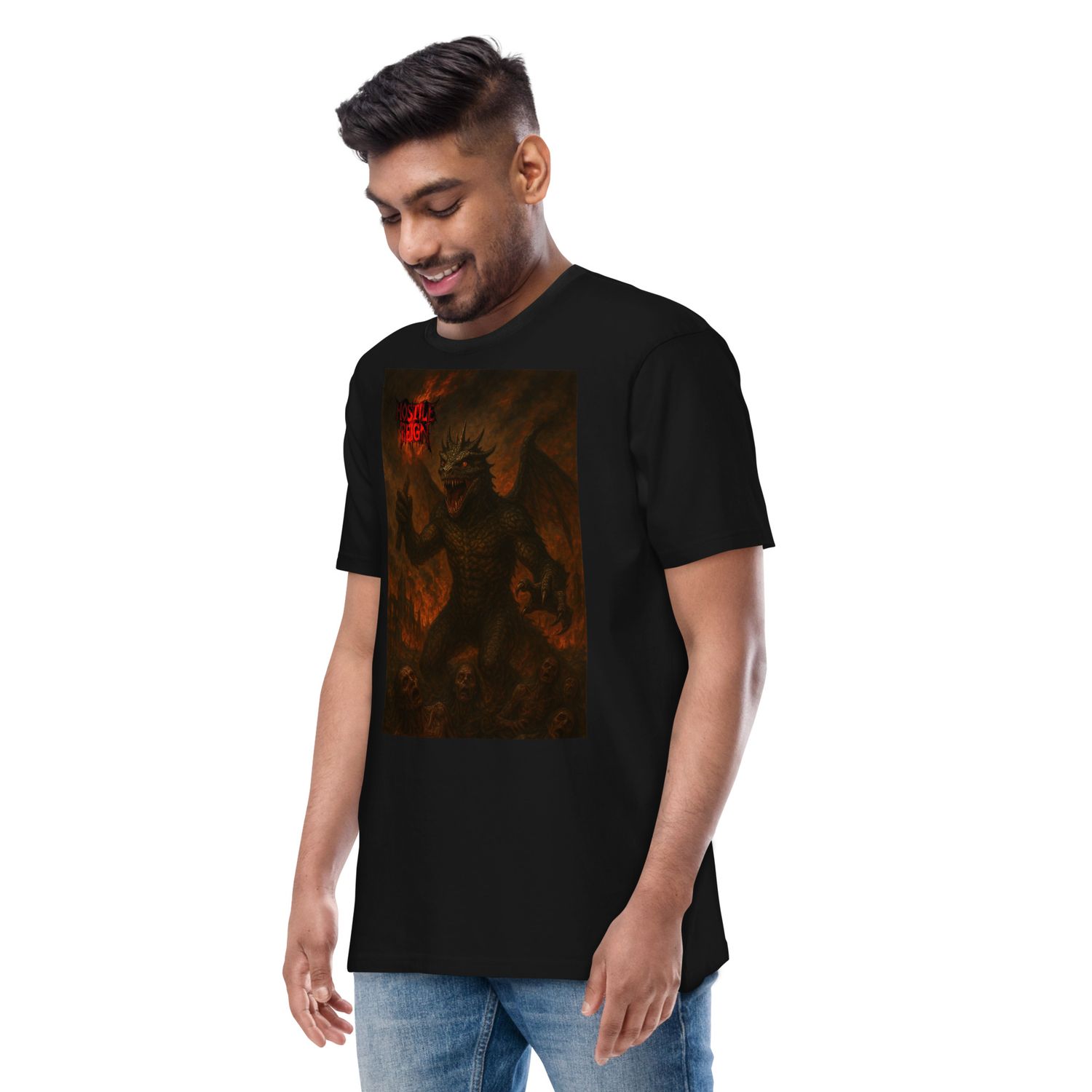Men’s premium heavyweight tee METAL REPTILIAN CONSPIRACY HOSTILE REIGN