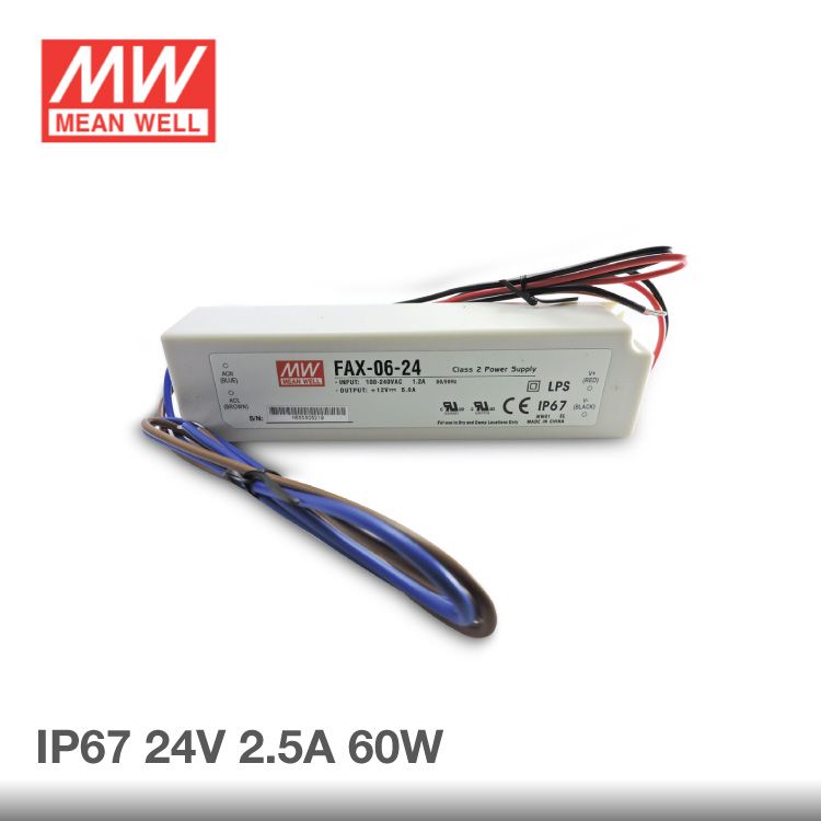 Outdoor IP67 MEANWELL Power Supply, 90-264VAC DC 24V 2.5A 60W