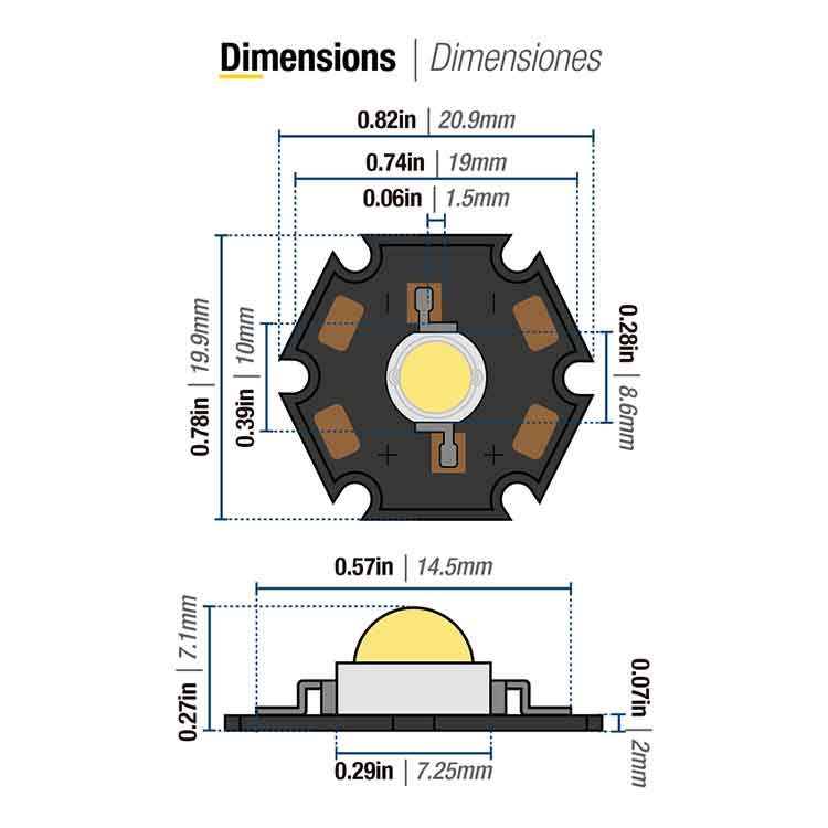High Power Star LED, Cool White, 6.500K, 3.4V, 1W, 350mA, 140lm