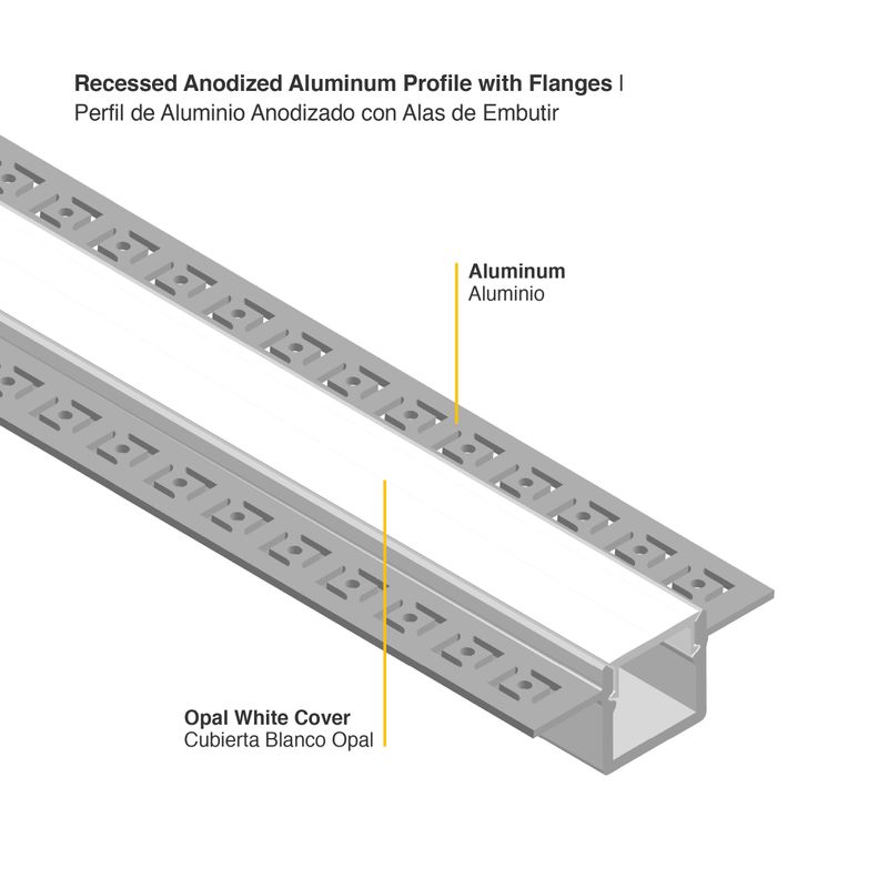 Plaster-In Anodized Aluminum Profile with flanges, 6.56ft 2.08x0.52in
