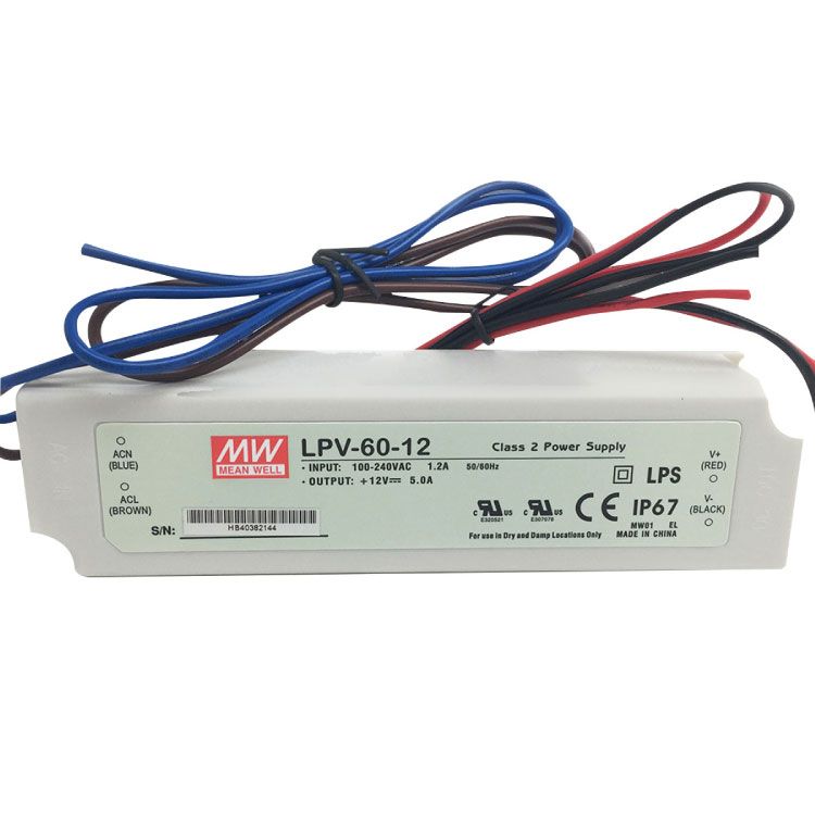 Outdoor IP67 MEANWELL Power Supply, 90-264VAC DC 12V 5A 60W