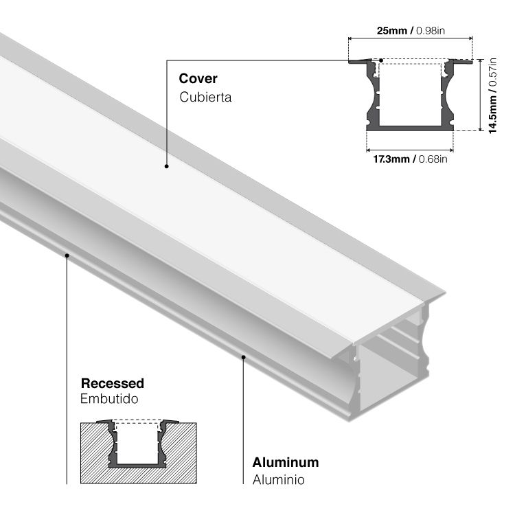 Recessed Anodized Aluminum Profile, White Milky Cover, 6.56ft 0.67x0.57in