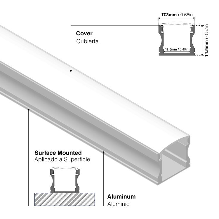 Surface Mount Anodized Aluminum Profile, U-Shape, 6.56ft 0.67x0.57in