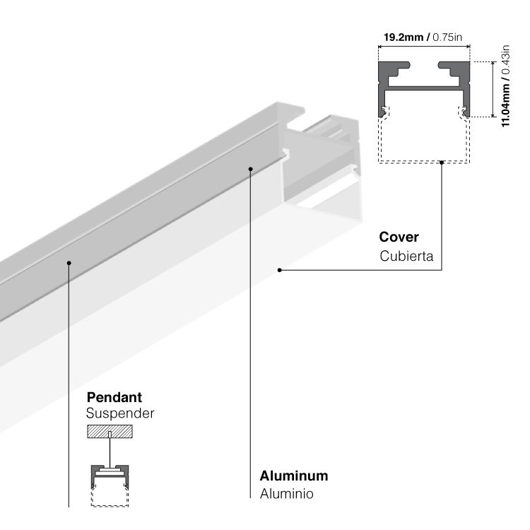 Suspended Anodized Aluminum Profile, Linear with Cover, 6.56ft 0.75x0.43in