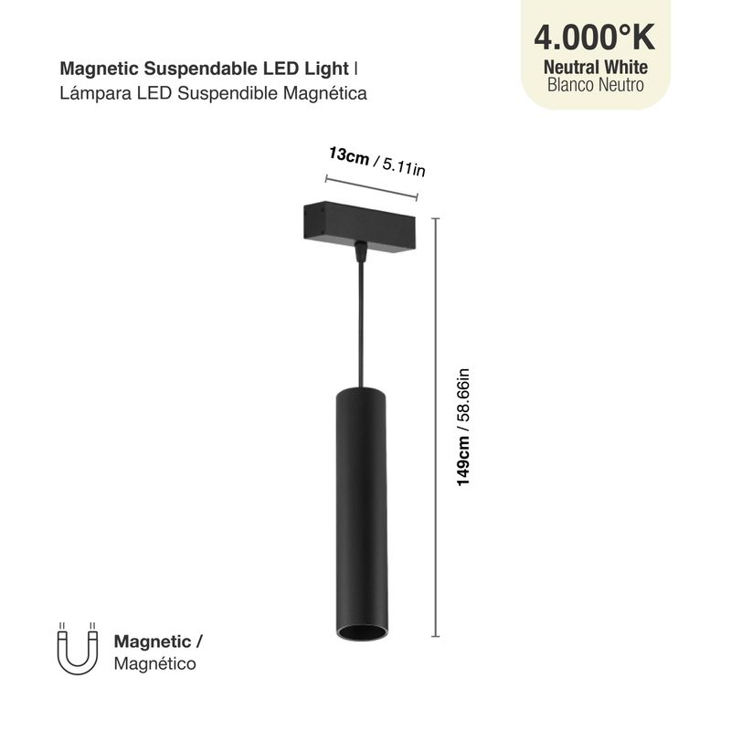 Black Magnetic LED Light, Hanging, 10W, Neutral White 4000K, 36°, 685lm