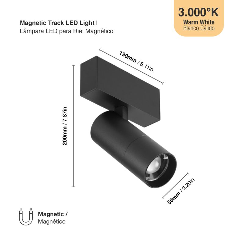 Black Magnetic Track Light, Adjustable Beam Angle 20°- 60°, 10W, Warm White 3000K