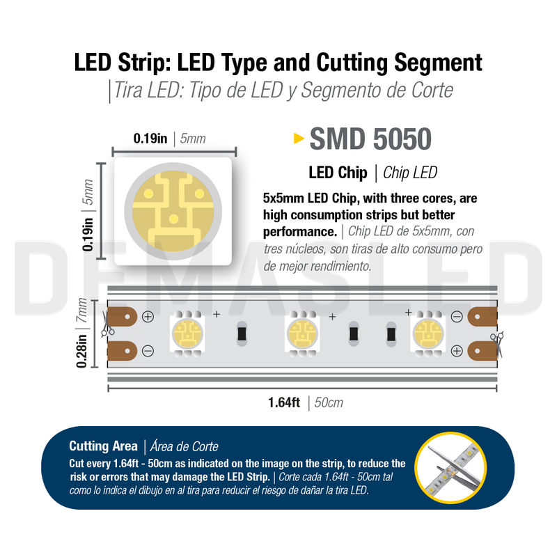 10mm SMD5050 LED Strip Warm White 3000ºK 110V 8W/m 430lm/m 60LED/m 164ft