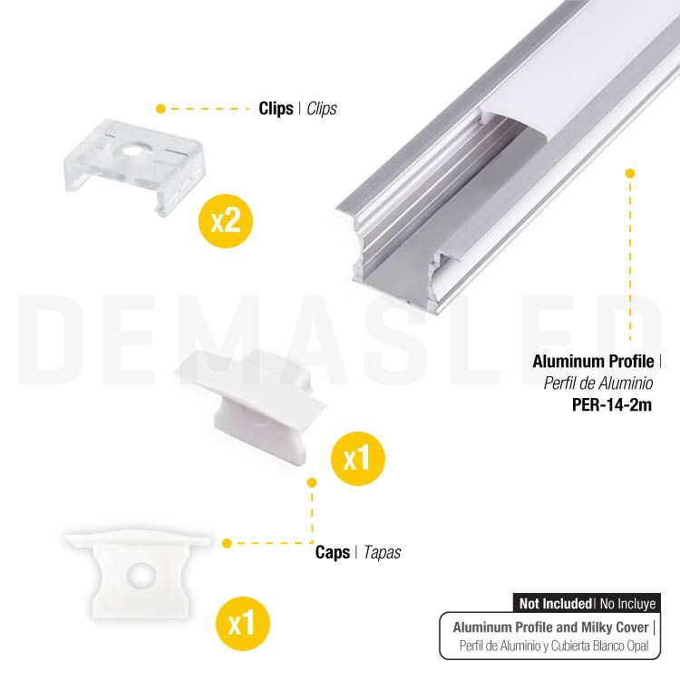 Kit of 2 Caps and 2 Clips for Aluminum Profile, comp. PER-14-2M