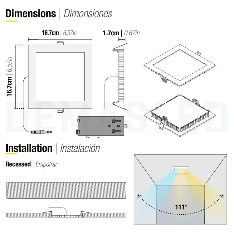 Dimmable Square White LED Panel 6.7x6.7in, 15W 1100lm Mixed White