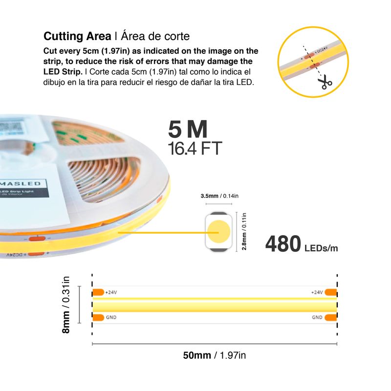 8mm COB LED Strip Neutral White 4000ºK 24V 11W/m 1100lm/m 480LED/m 16.4ft
