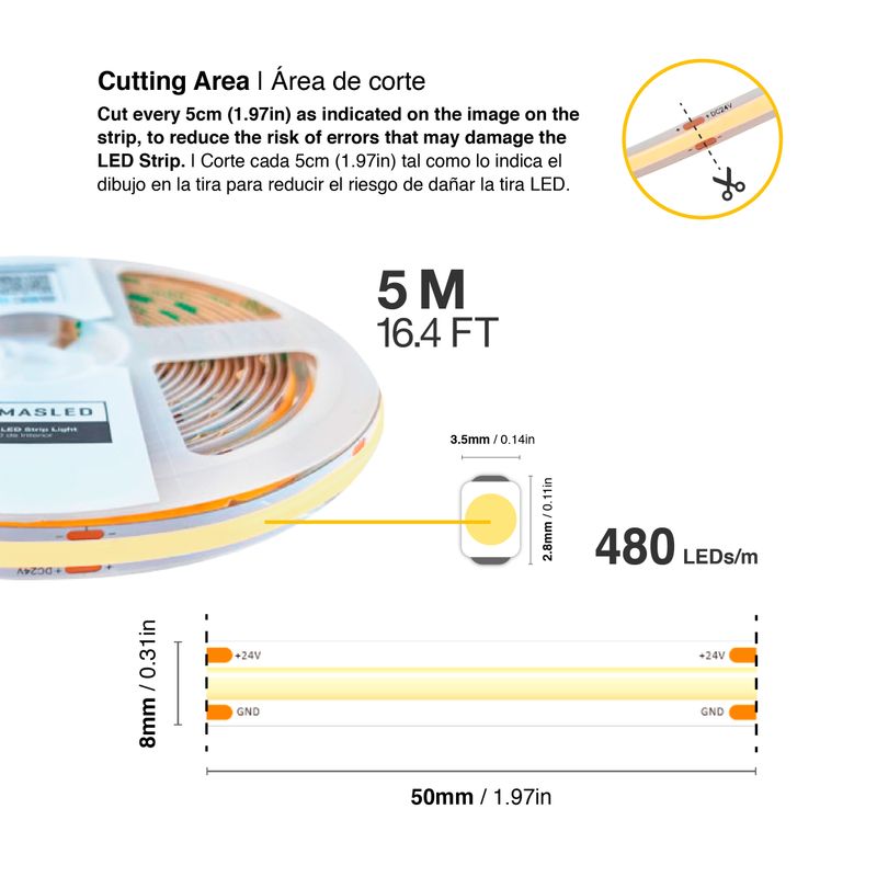 8mm COB LED Strip Cool White 5000-5500ºK 24V 11W/m 1100lm/m 480LED/m 16.4ft