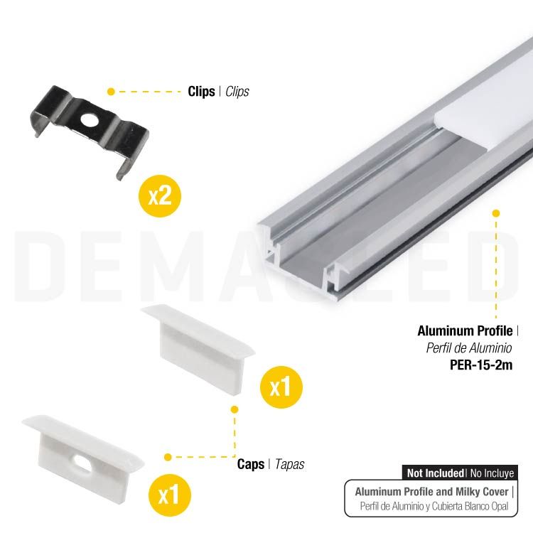 Kit of 2 Caps and 2 Clips for Aluminum Profile, comp. PER-15-2M