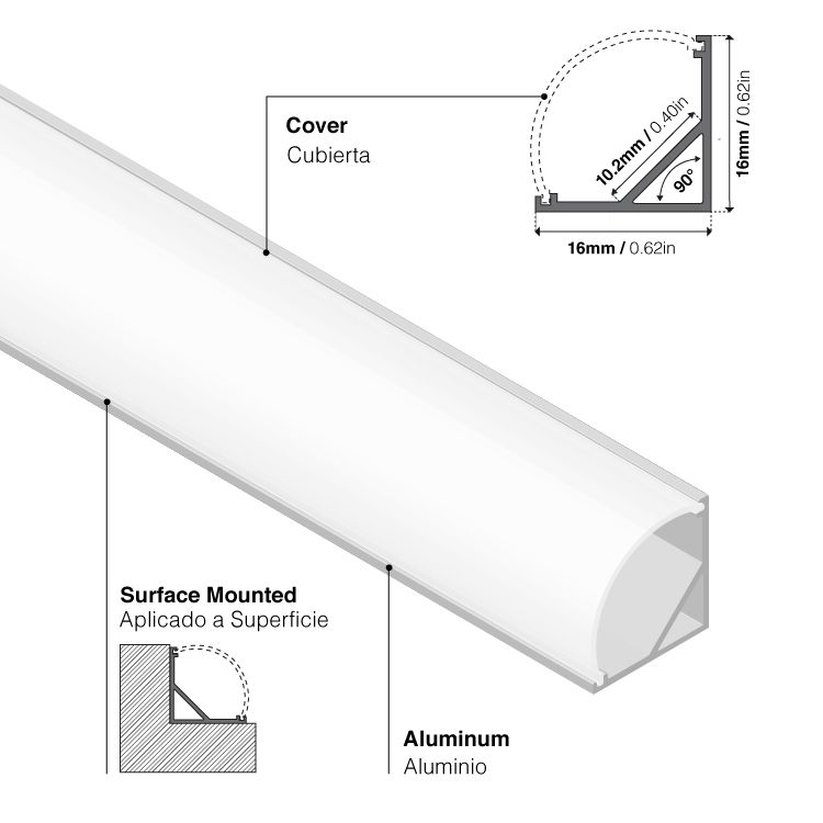 Surface Mount Anodized Aluminum Profile, V-Shape, 6.56ft 0.63x0.63in
