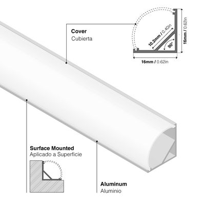 Surface Mount Anodized Aluminum Profile, V-Shape, 6.56ft 0.63x0.63in