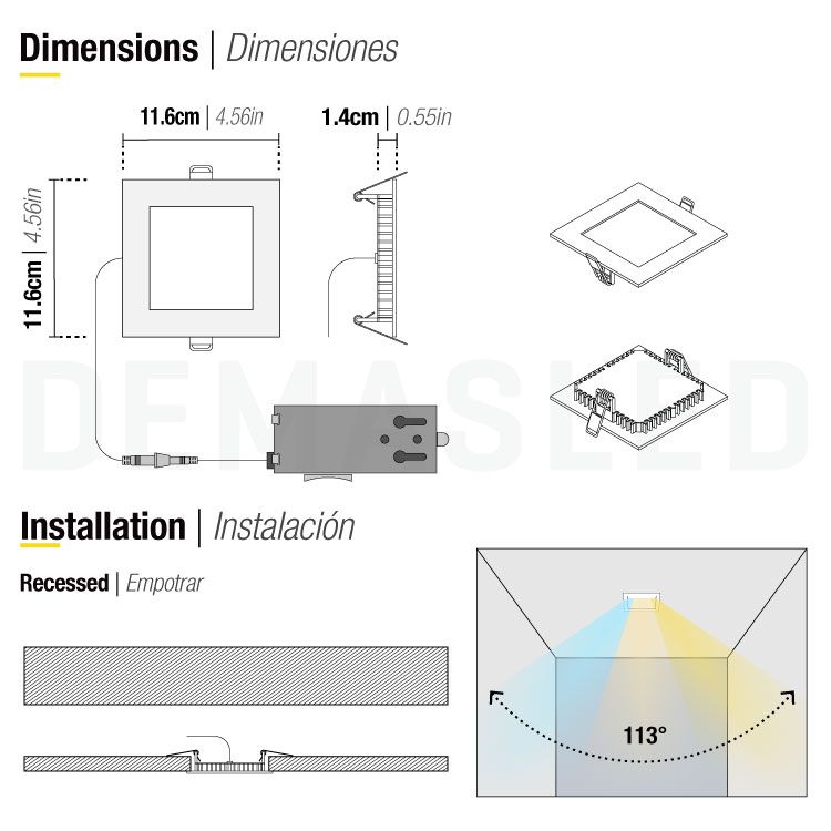 Dimmable Square White LED Panel 4.7x4.7in, 10W 650lm Mixed White