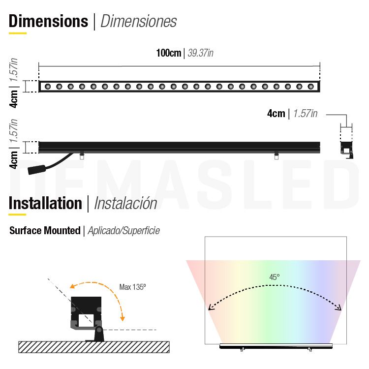 LED Wall Washer 24V 36W 1.5A RGB 2,520lm IP65, 3.28ft