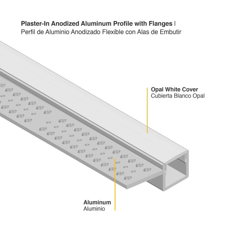 Plaster-In Anodized Aluminum Profile with Flanges, 1.37x0.59in 6.56ft