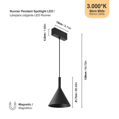 Black Magnetic LED Light, Hanging, 10W, Warm White 3000K, 265lm