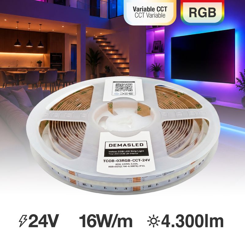 12mm COB LED Strip RGB+CCT 2700-6500K 24V 16W/m 860lm/m 840LED/m 16.4ft