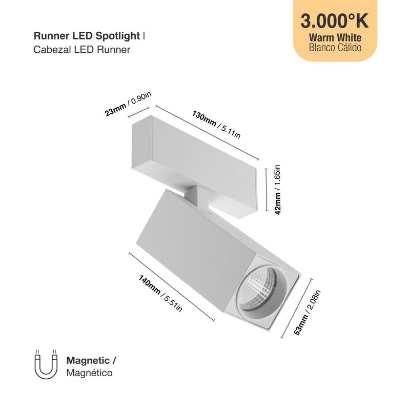 White Magnetic Track Light, Multidirectional Spot, 10W, Warm White 3000K
