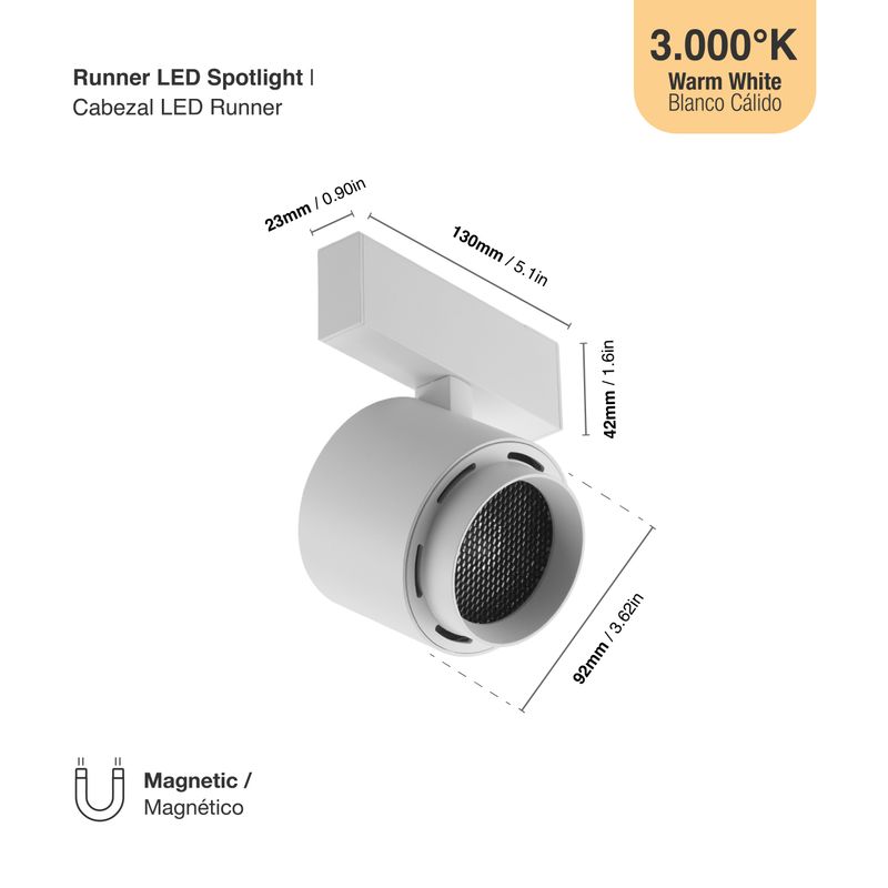 White Magnetic Track Light, Multidirectional Spot, 15W, Warm White 3000K