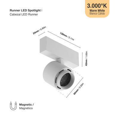 White Magnetic Track Light, Multidirectional Spot, 8W, Warm White 3000K