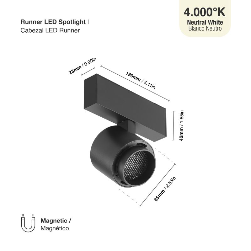 Black Magnetic Track Light, Multidirectional Spot, 8W, Neutral White 4000K