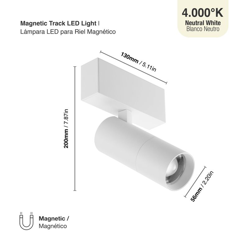 White Magnetic Track Light, Adjustable Beam Angle  20°- 60°, 10W, Neutral White, 4000K
