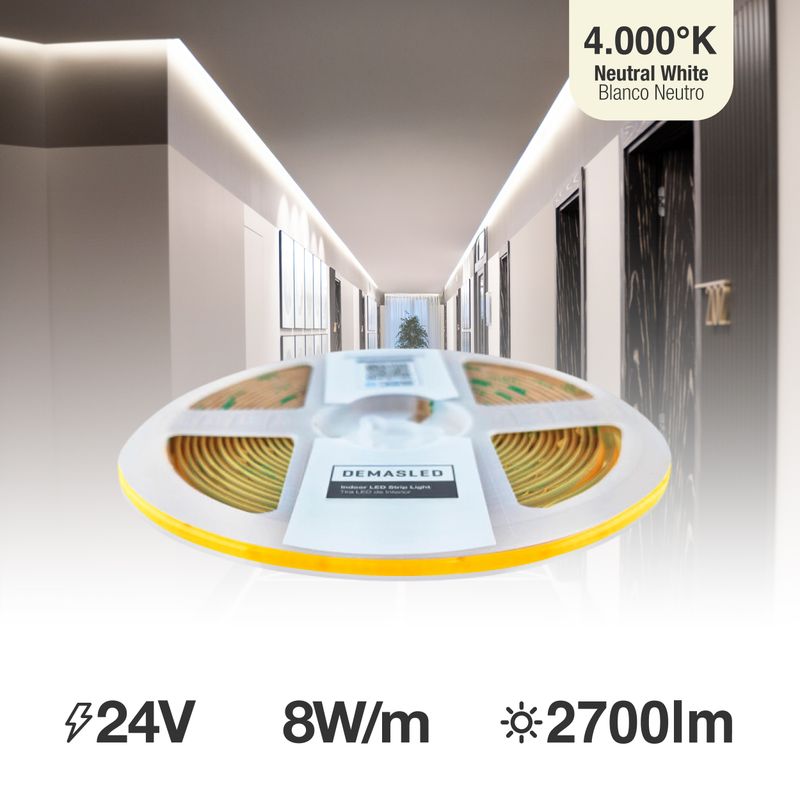 5mm COB LED Strip Neutral White 4000ºK 24V 6W/m 540lm/m 504LED/m 16.4ft